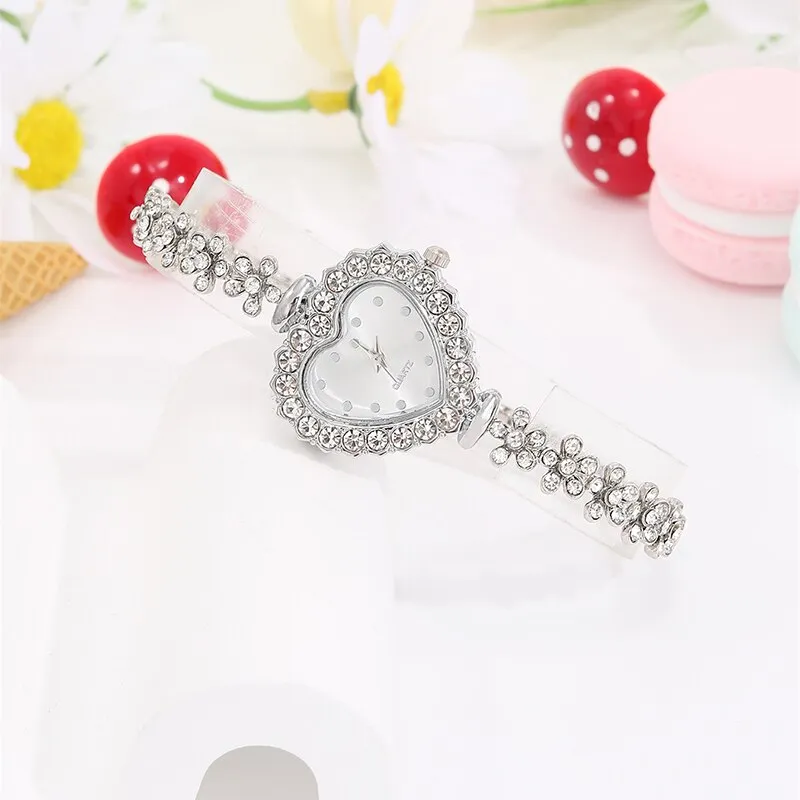 6pcs Set Luxury Women Watch Ring Heart Shaped Hollow Pendant Necklace Earring Rhinestone Fashion Wristwatch