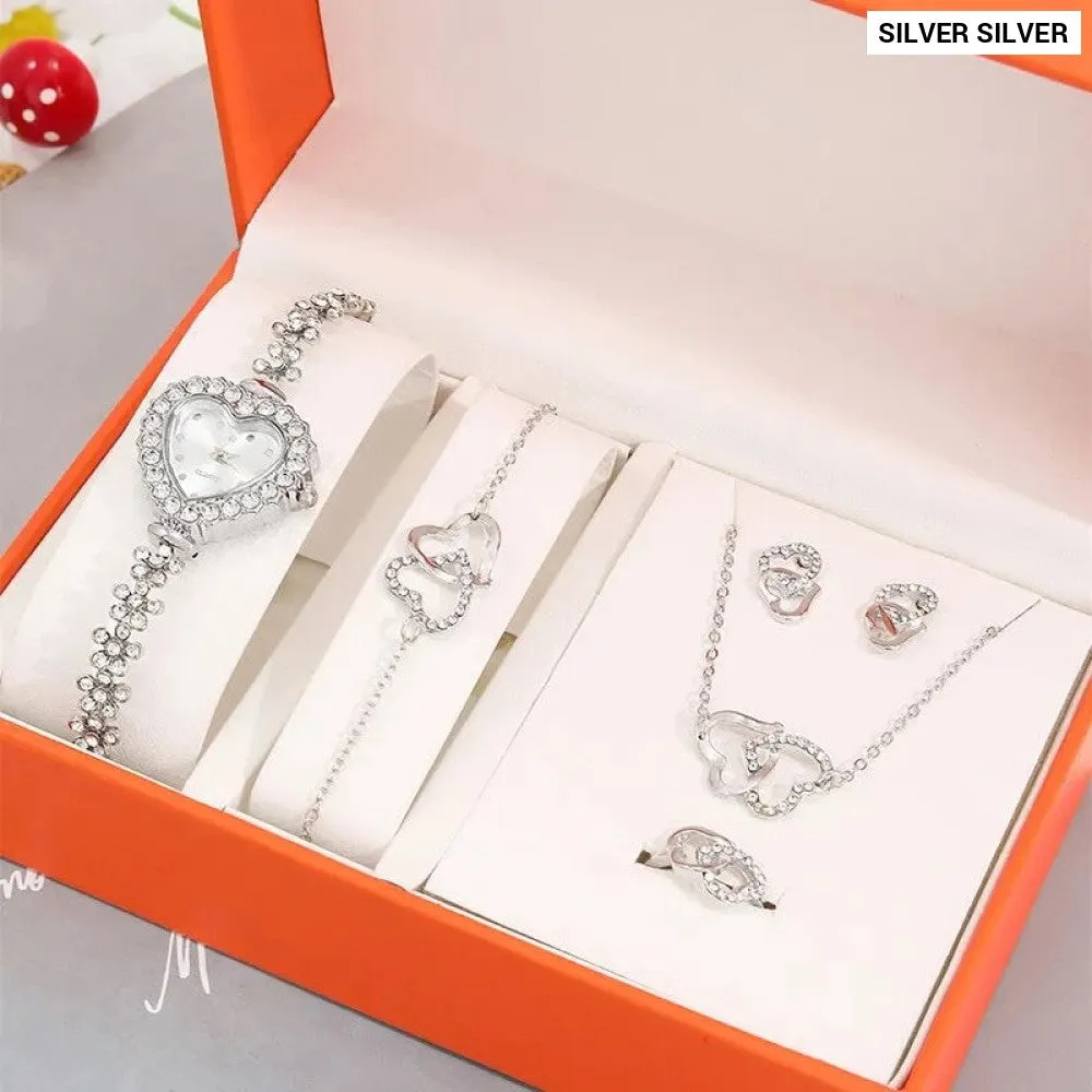 6pcs Set Luxury Women Watch Ring Heart Shaped Hollow Pendant Necklace Earring Rhinestone Fashion Wristwatch