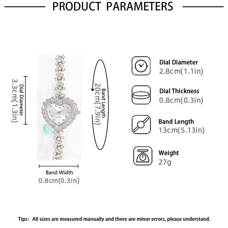 6pcs Set Luxury Women Watch Ring Heart Shaped Hollow Pendant Necklace Earring Rhinestone Fashion Wristwatch