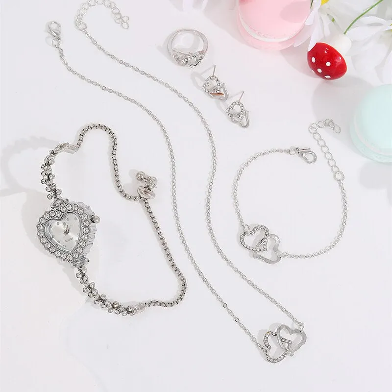6pcs Set Luxury Women Watch Ring Heart Shaped Hollow Pendant Necklace Earring Rhinestone Fashion Wristwatch