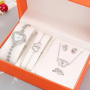 6pcs Set Luxury Women Watch Ring Heart Shaped Hollow Pendant Necklace Earring Rhinestone Fashion Wristwatch