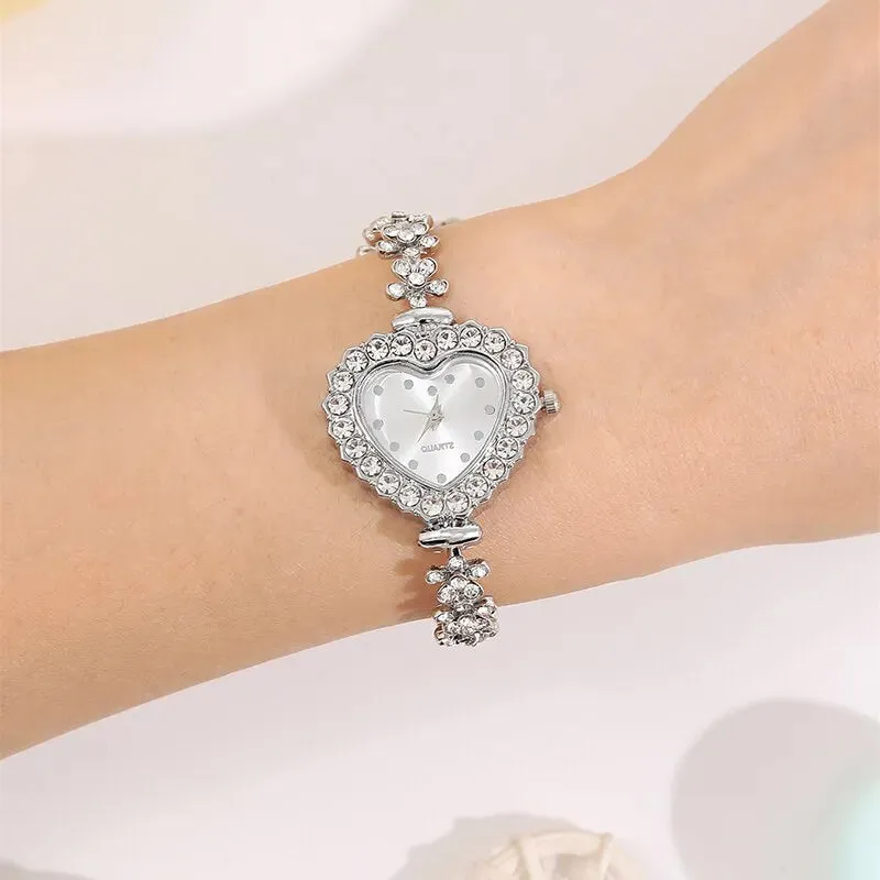 6pcs Set Luxury Women Watch Ring Heart Shaped Hollow Pendant Necklace Earring Rhinestone Fashion Wristwatch