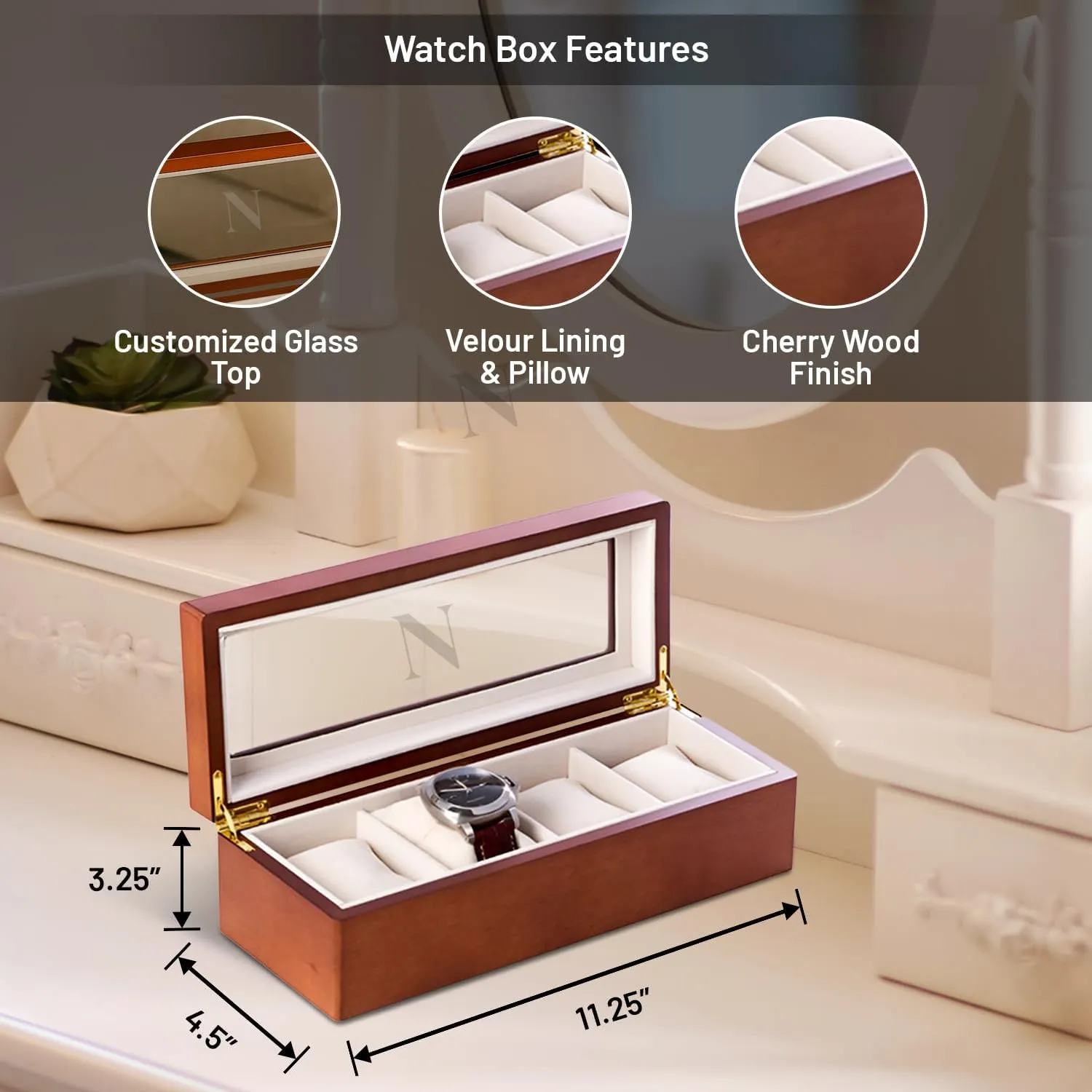Bey-Berk Custom Personalized 1-48 Slot Watch Box Organizer Solid Wood with Glass Display Top