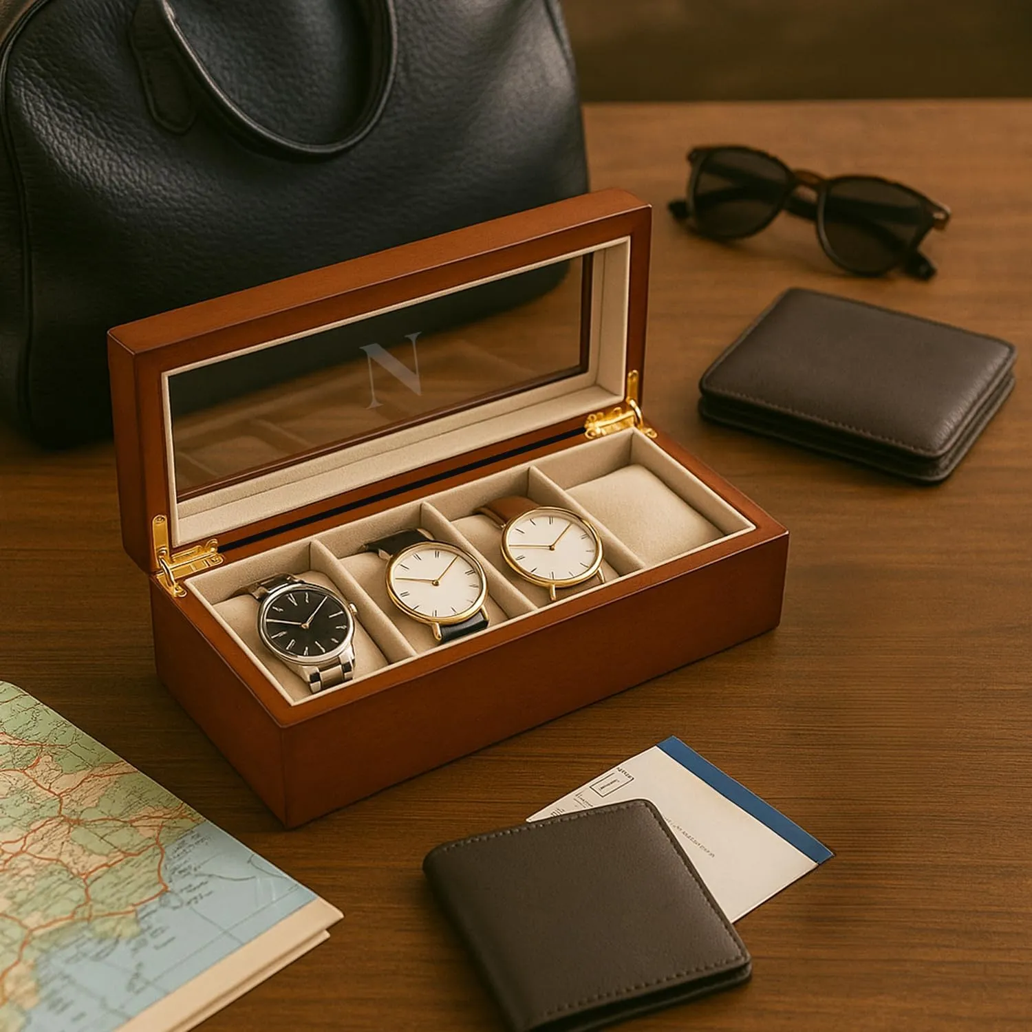 Bey-Berk Custom Personalized 1-48 Slot Watch Box Organizer Solid Wood with Glass Display Top