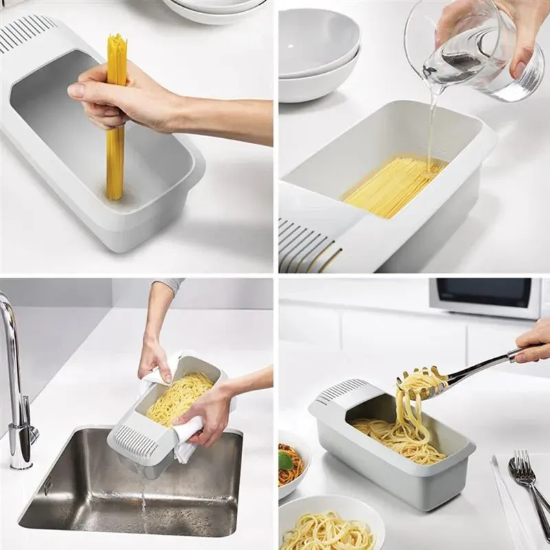 Eco-Friendly Plastic Microwave Noodles Pasta Cooker with Strainer Short and Eye-Catching Kitchen Gadget Set for Spaghetti and Vegetable Steaming