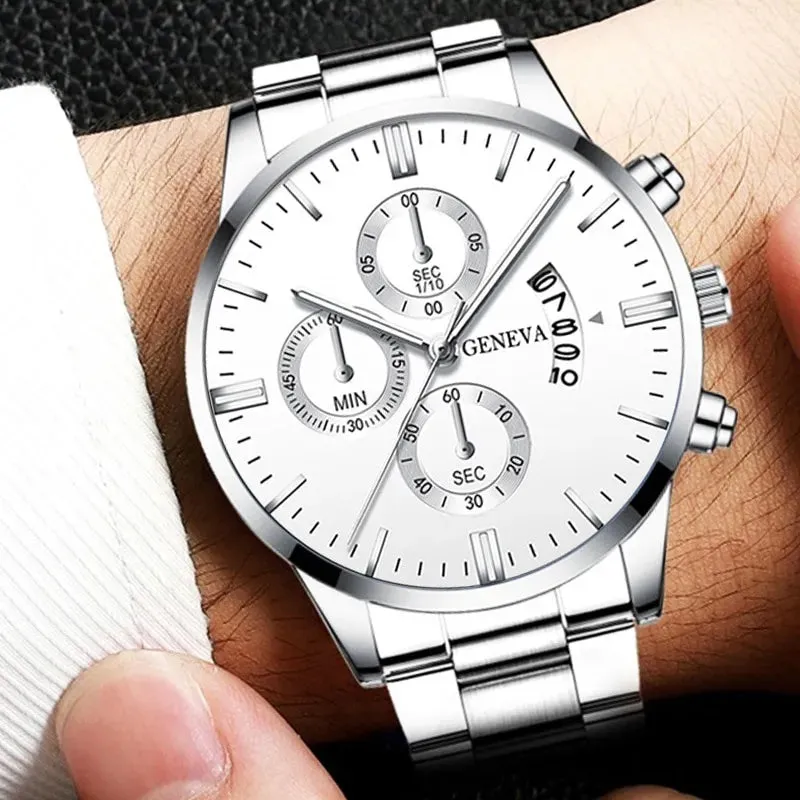 Fashion Mens Watches for Men Luxury Silver Stainless Steel Quartz Wrist Watch Man Business Calendar Watch