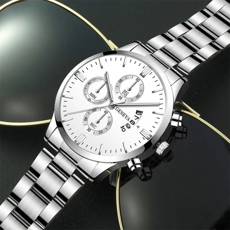 Fashion Mens Watches for Men Luxury Silver Stainless Steel Quartz Wrist Watch Man Business Calendar Watch