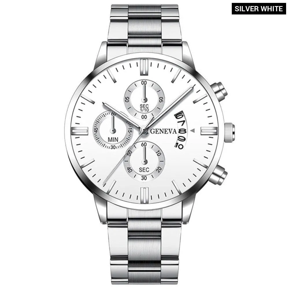 Fashion Mens Watches for Men Luxury Silver Stainless Steel Quartz Wrist Watch Man Business Calendar Watch
