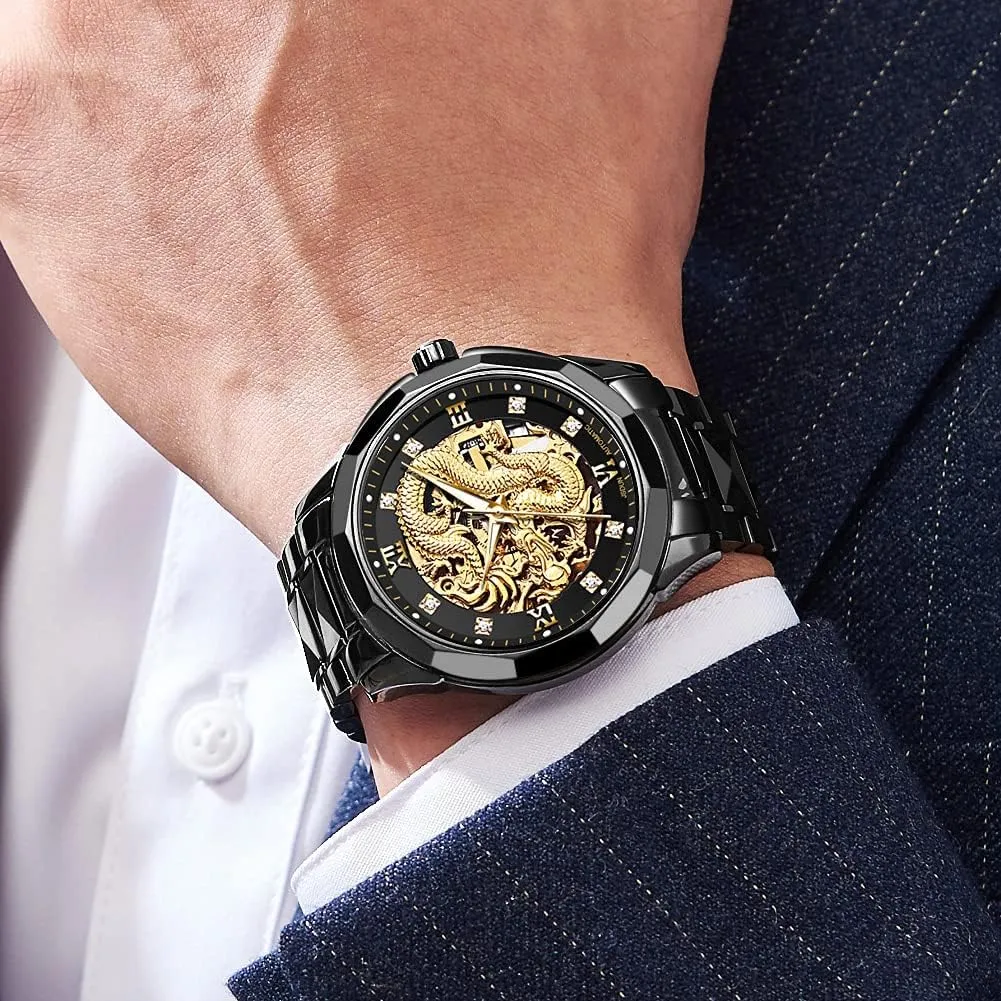 OLEVS Gold Watches for Men Luxury Automatic Dragon Skeleton Watches Mechanical Business Dress with Tungsten Steel Luminous 5atm Waterproof Diamond Fashion Wrist Watch