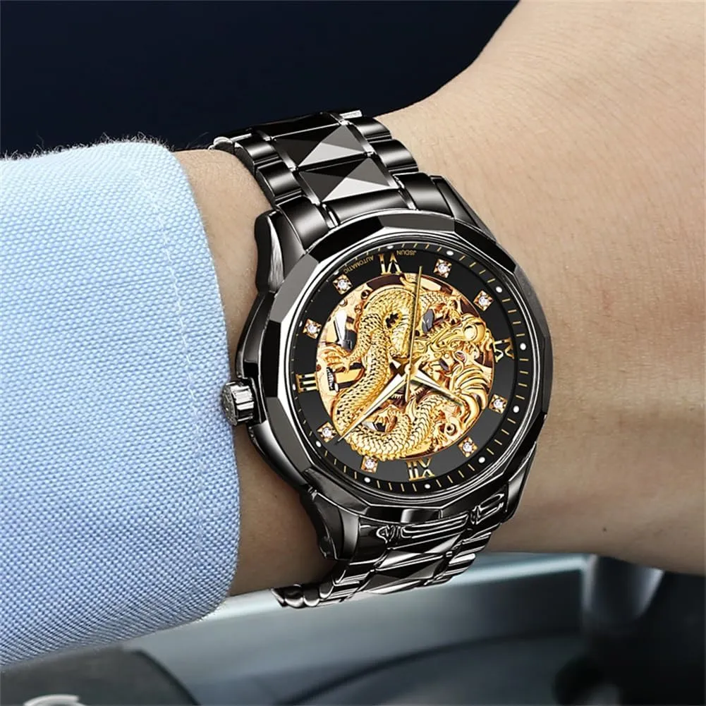 OLEVS Gold Watches for Men Luxury Automatic Dragon Skeleton Watches Mechanical Business Dress with Tungsten Steel Luminous 5atm Waterproof Diamond Fashion Wrist Watch