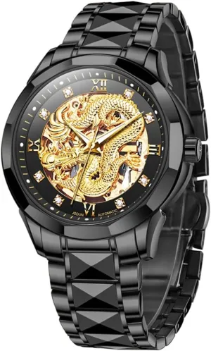 OLEVS Gold Watches for Men Luxury Automatic Dragon Skeleton Watches Mechanical Business Dress with Tungsten Steel Luminous 5atm Waterproof Diamond Fashion Wrist Watch