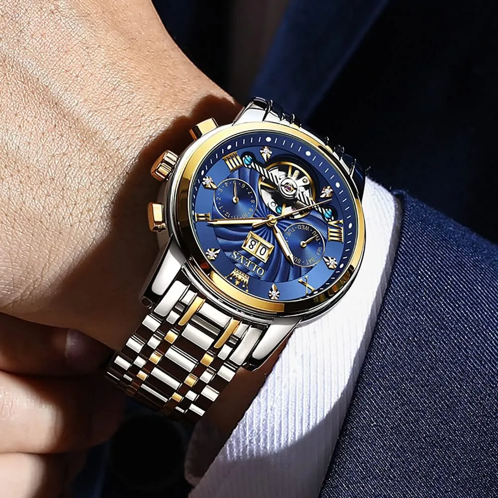 OLEVS Men Automatic Watch Skeleton 5 Hands Mechanical Classic Luxury Multi Calendar Stainless Steel Waterproof Wrist Watch for Men