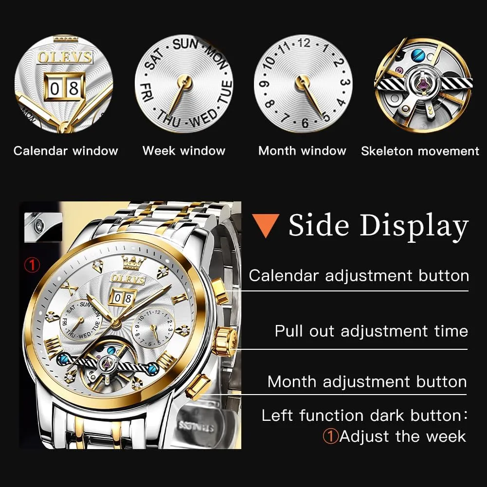 OLEVS Mens Automatic Watches Self Winding Mechanical Skeleton Tourbillon Luxury Diamond Business Dress Date Wrist Watches for Men Waterproof Luminous