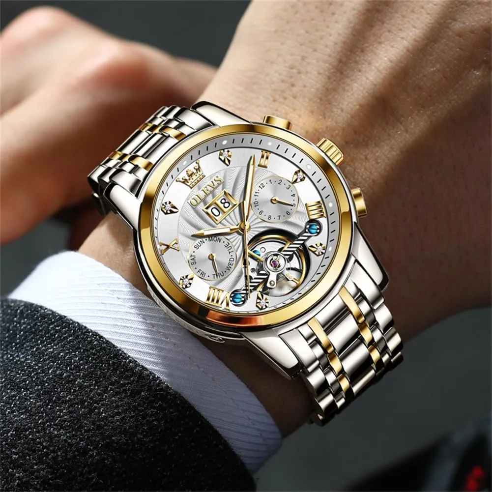 OLEVS Mens Automatic Watches Self Winding Mechanical Skeleton Tourbillon Luxury Diamond Business Dress Date Wrist Watches for Men Waterproof Luminous