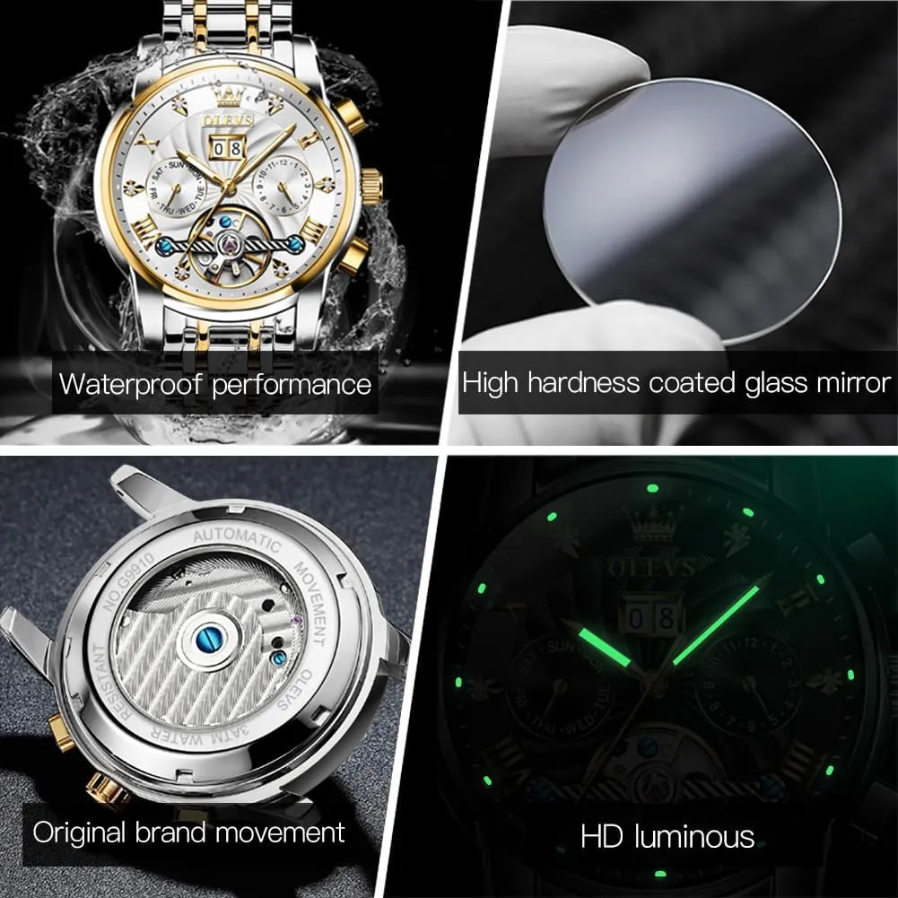 OLEVS Mens Automatic Watches Self Winding Mechanical Skeleton Tourbillon Luxury Diamond Business Dress Date Wrist Watches for Men Waterproof Luminous