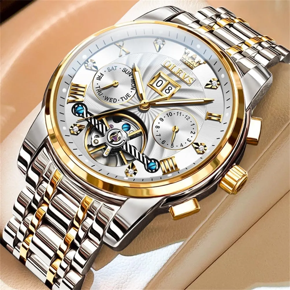 OLEVS Mens Automatic Watches Self Winding Mechanical Skeleton Tourbillon Luxury Diamond Business Dress Date Wrist Watches for Men Waterproof Luminous