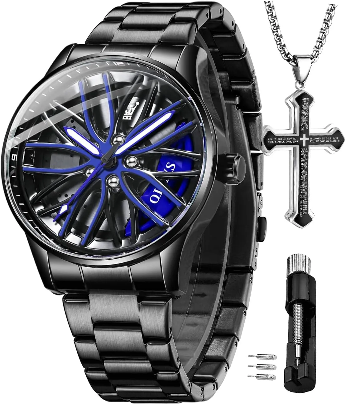 OLEVS Mens Wrist Watch Set Unique Car Wheel Luxury Fashion Skeleton Watch Stainless Steel Watches Suit