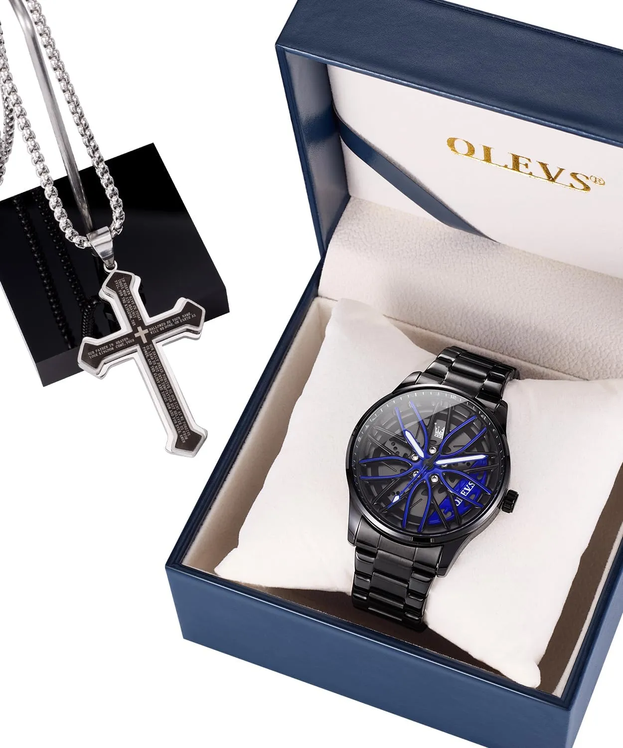 OLEVS Mens Wrist Watch Set Unique Car Wheel Luxury Fashion Skeleton Watch Stainless Steel Watches Suit