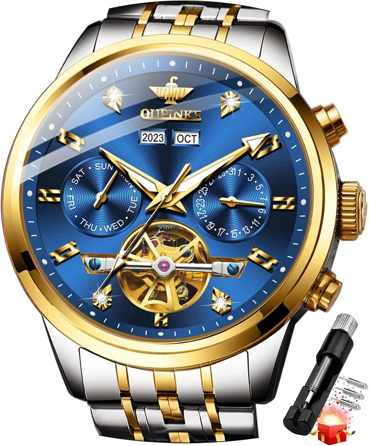 OUPINKE Mens Automatic Watches Real Diamond Self Winding Mechanical Gold Luxury Dress Mens Wrist Watch Waterproof
