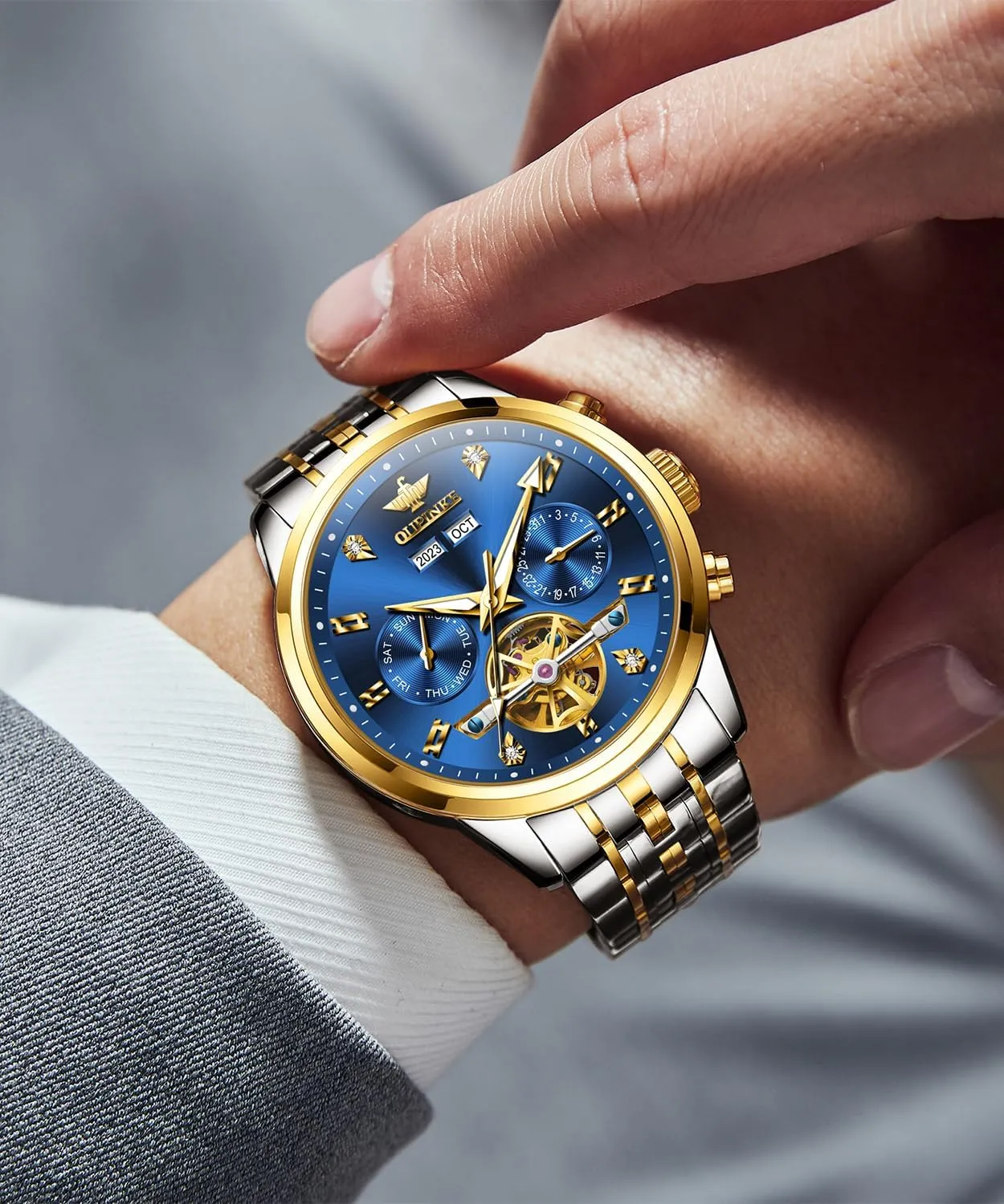 OUPINKE Mens Automatic Watches Real Diamond Self Winding Mechanical Gold Luxury Dress Mens Wrist Watch Waterproof