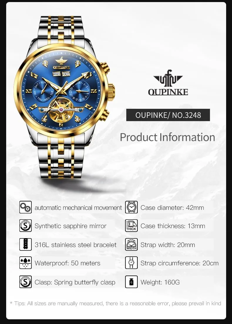OUPINKE Mens Automatic Watches Real Diamond Self Winding Mechanical Gold Luxury Dress Mens Wrist Watch Waterproof