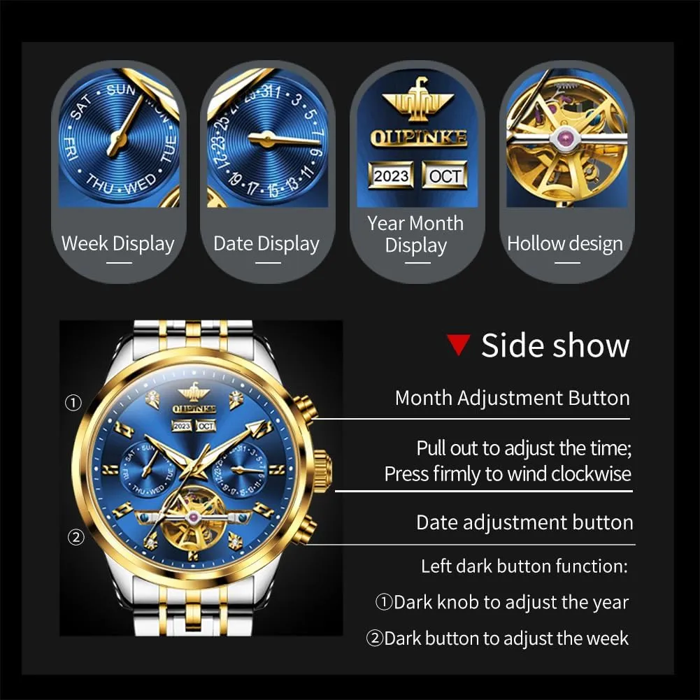 OUPINKE Mens Automatic Watches Real Diamond Self Winding Mechanical Gold Luxury Dress Mens Wrist Watch Waterproof