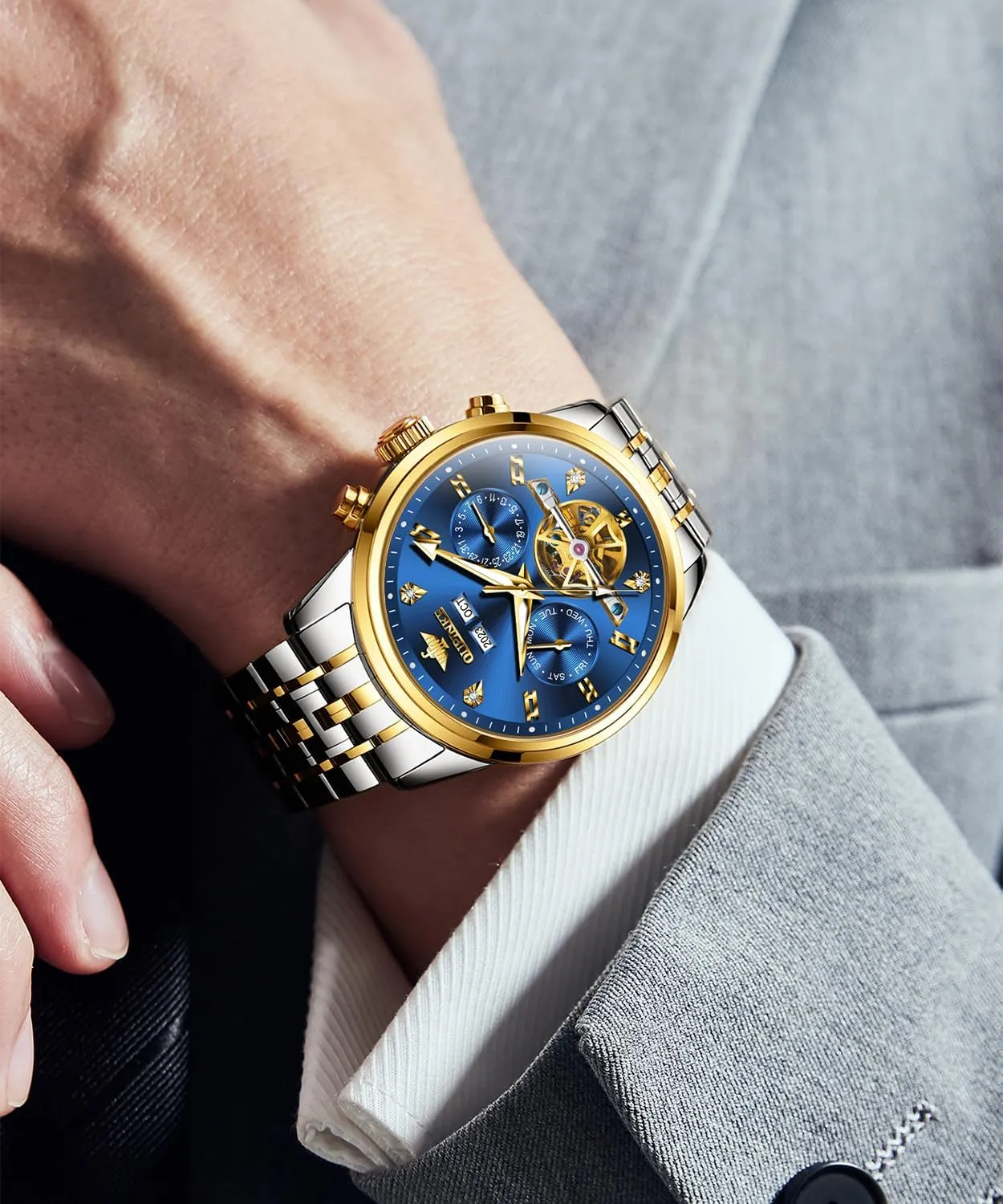OUPINKE Mens Automatic Watches Real Diamond Self Winding Mechanical Gold Luxury Dress Mens Wrist Watch Waterproof
