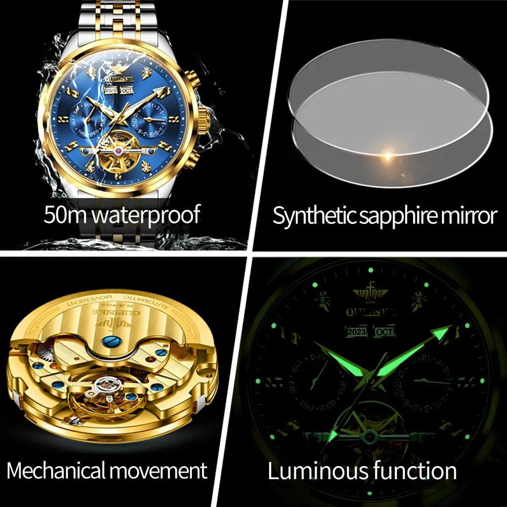 OUPINKE Mens Automatic Watches Real Diamond Self Winding Mechanical Gold Luxury Dress Mens Wrist Watch Waterproof