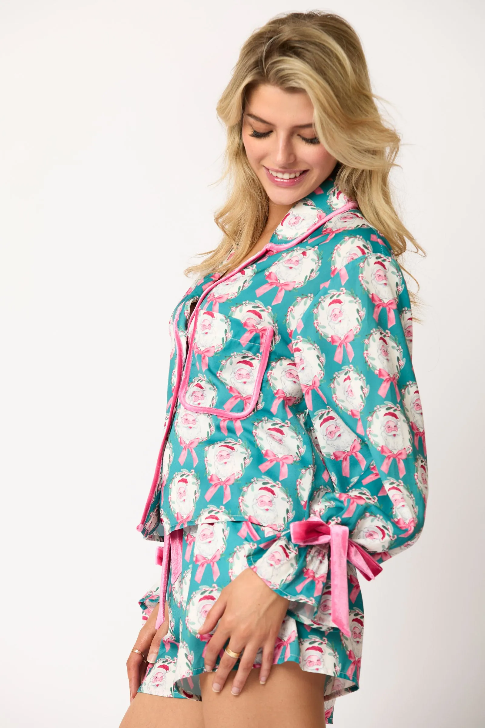 Peach Love Satin Santa And Bow Prints Pajama Set