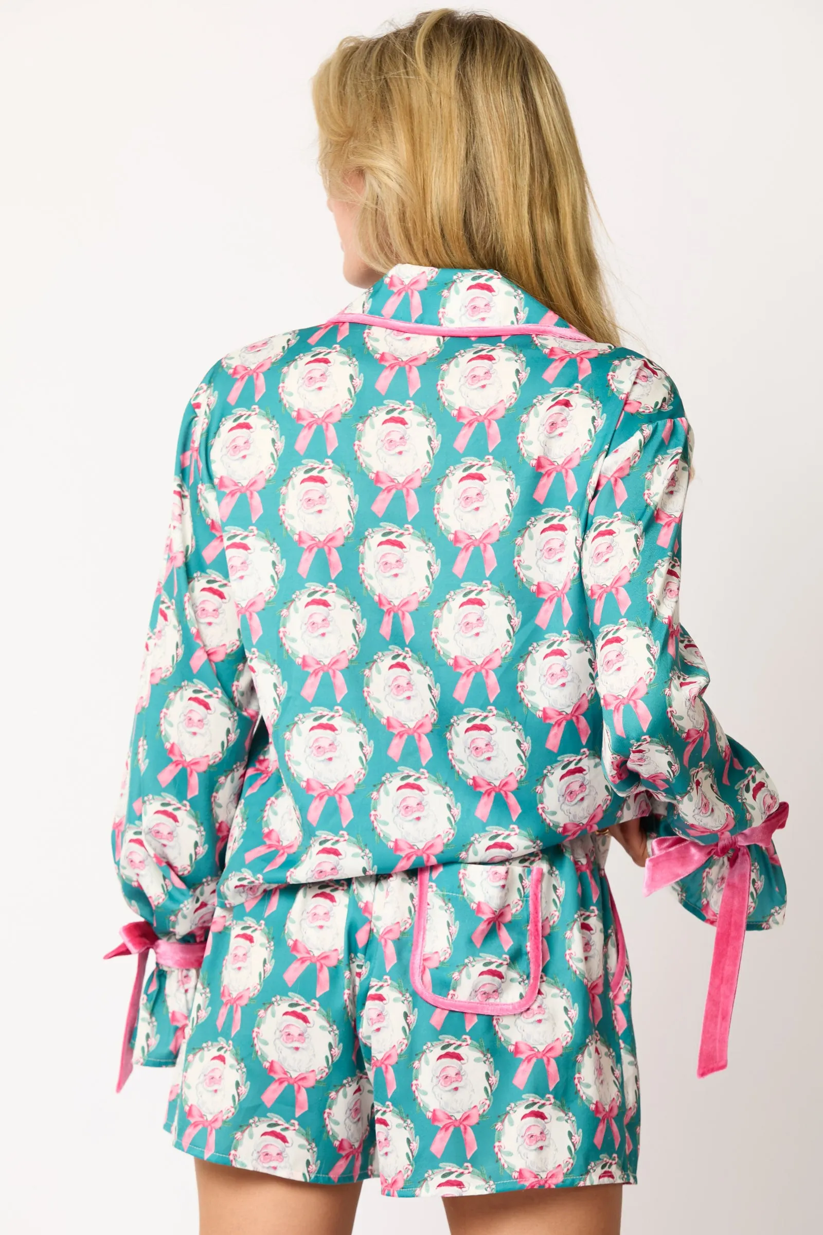 Peach Love Satin Santa And Bow Prints Pajama Set