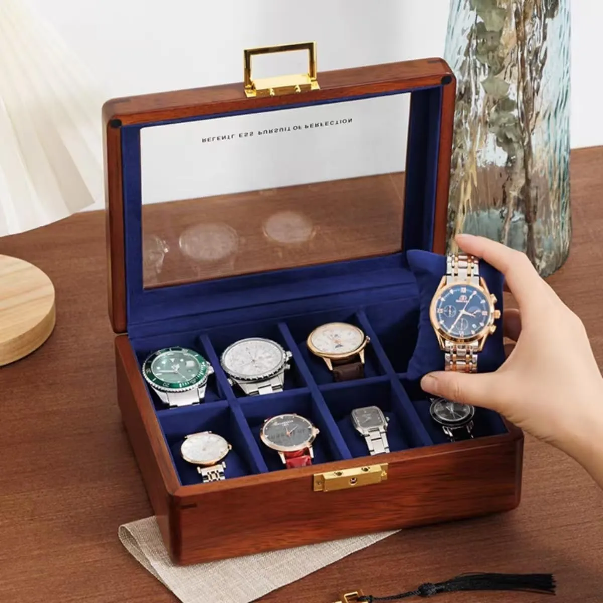 Solid Wood Watch Box 8 Slots With Glass Lid Walnut Collection Case For Men Women Luxury Wooden Display Organizer Storage Holder