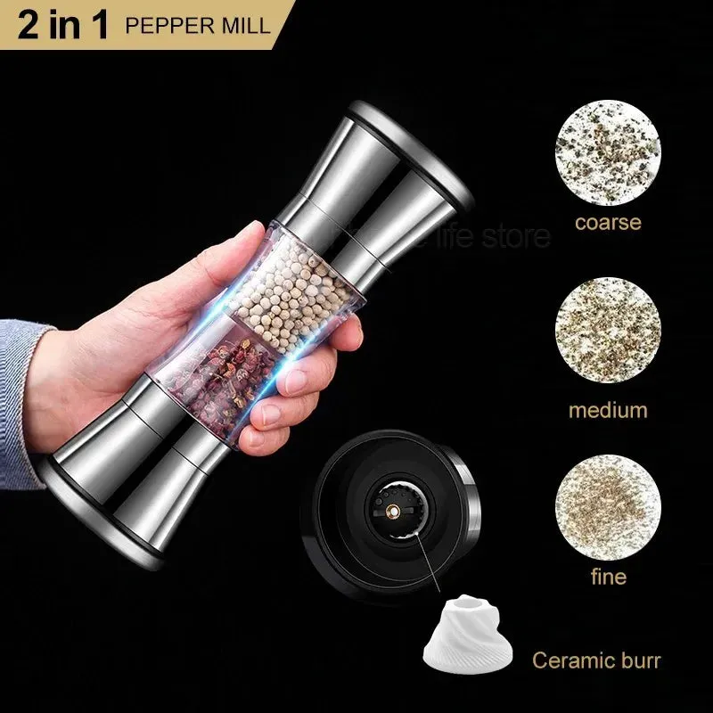 Stainless Steel Double-head Pepper Grinder Two-in-one Manual Kitchen Gadgets for Sea Salt Spice Grinding