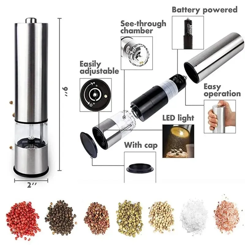 Stainless Steel Electric Pepper Grinder Kitchen Barbecue Seasoning Tool for Spices and Sea Salt Coarser Adjustment