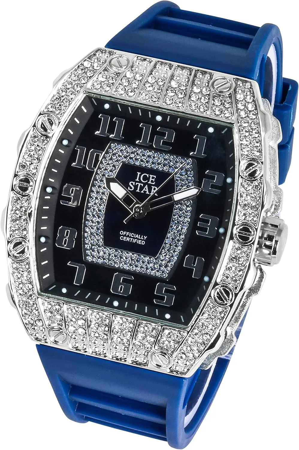 Techno Pave Men's Iced Out 41mm Tonneau Shape Watch & Cuban Set, Numeral Dial