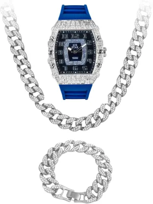 Techno Pave Men's Iced Out 41mm Tonneau Shape Watch & Cuban Set, Numeral Dial