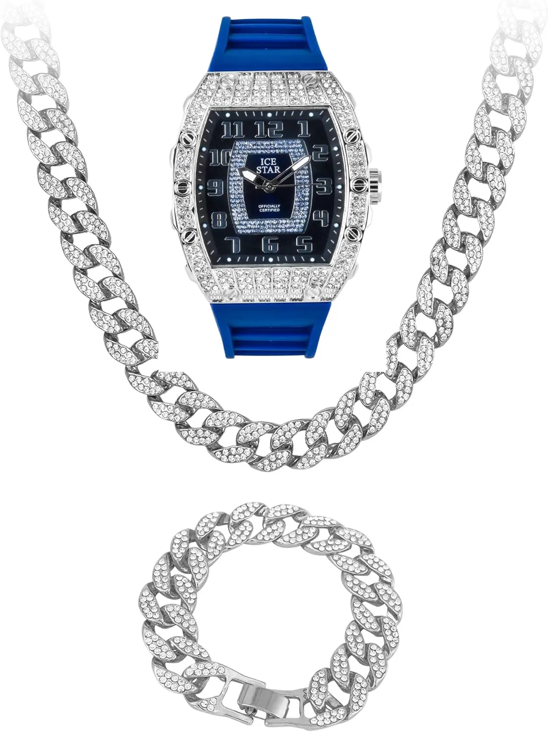 Techno Pave Men's Iced Out 41mm Tonneau Shape Watch & Cuban Set, Numeral Dial